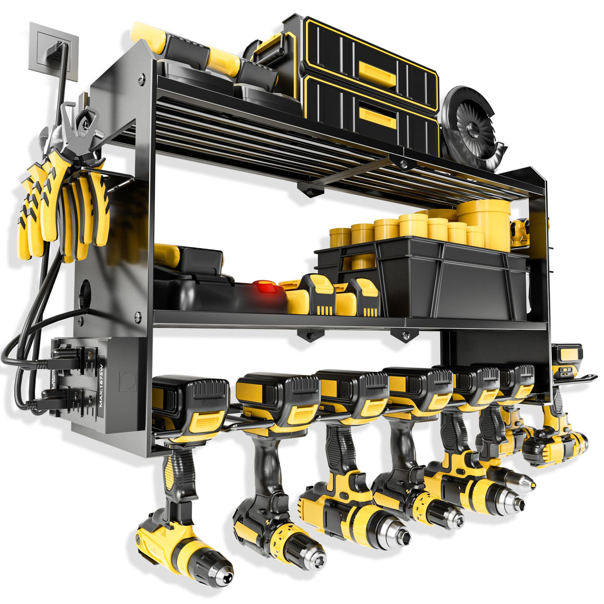 Power Tool Organizer Wall Mount with Charging Station, Cordless Drill and Battery Holder Shelf for Garage Organization,Heavy Duty Metal Tool Rack Storage, Load 300lbs, Built in 5 Outlet Power Strip massooan