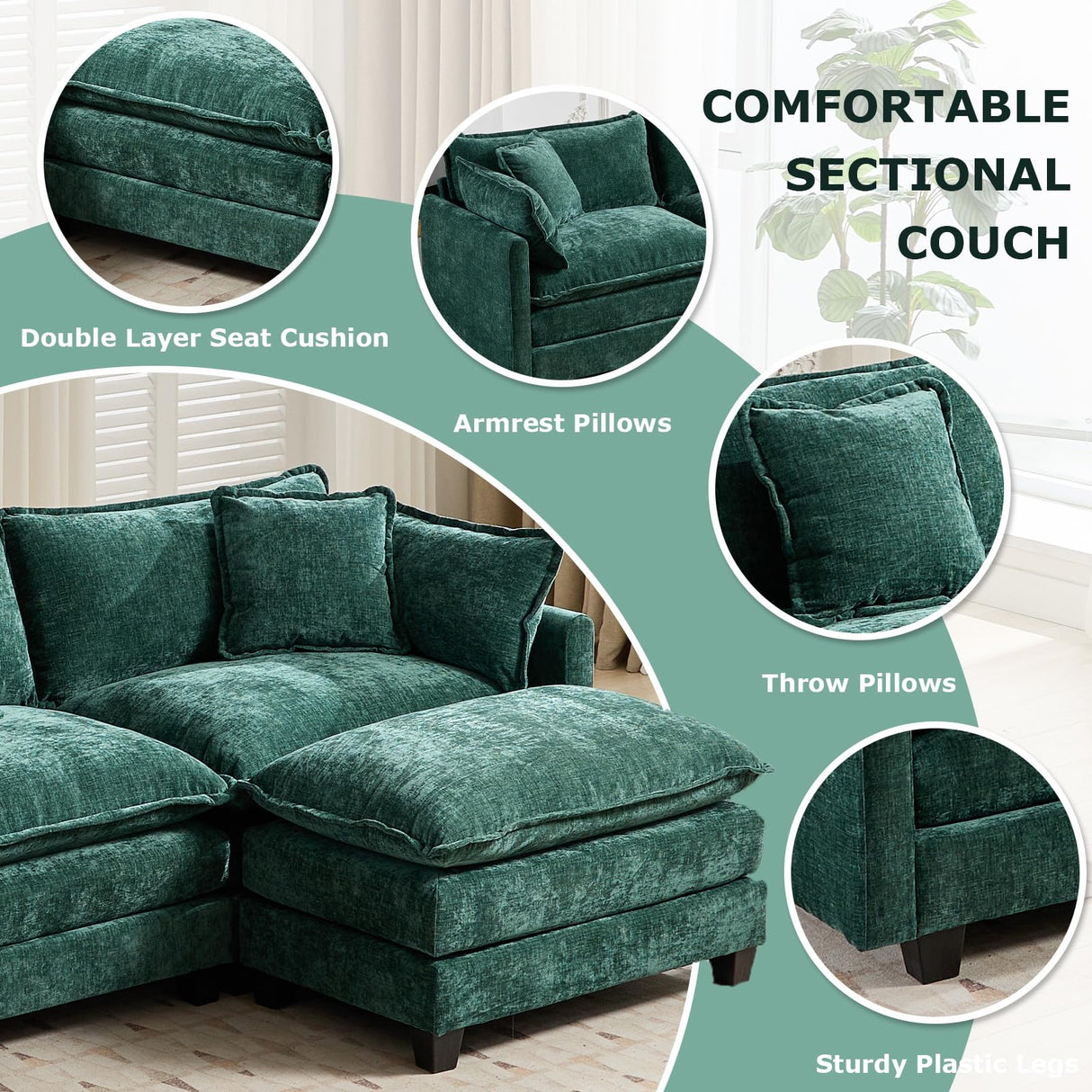 SoarFlash 71.6" Chenille Sectional Sofa, Comfy Modular Loveseat Sofa, Modern 2-Seat Couch Deep Seat Sofa Set for Living Room,Green SoarFlash