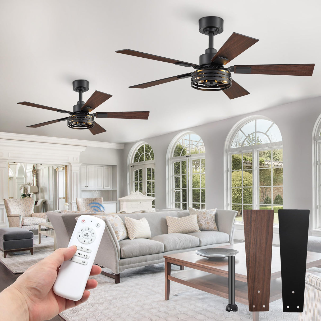 42 Inch Farmhouse Ceiling Fan with Lights 2 Pack, Rustic Black Ceiling Fans with Remote, 5 Dual Finish Blades, Quiet 6 Speed Reversible DC Motor, Caged Industrial Fan for Bedroom, Living Room, Patio Fanbulous