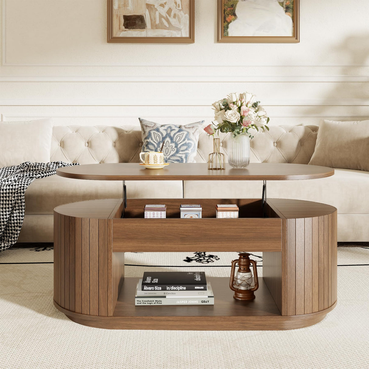 Lift Top Coffee Table, Oval Fluted Coffee Table with Storage for Living Room, Mid Century Modern Wooden Center Tables with 2 Tier Shelf, 43 Inch Tea Table Hidden Compartment for Home Office, Walnut Epecoya