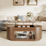 Lift Top Coffee Table, Oval Fluted Coffee Table with Storage for Living Room, Mid Century Modern Wooden Center Tables with 2 Tier Shelf, 43 Inch Tea Table Hidden Compartment for Home Office, Walnut Epecoya