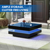 LED Coffee Table for Living Room, 2-Tier Modern Middle Center Table, Coffee Table with 16-Color Plug-in LED Light, Cocktail Tea Table for Home Office Reception Room, Black realglow