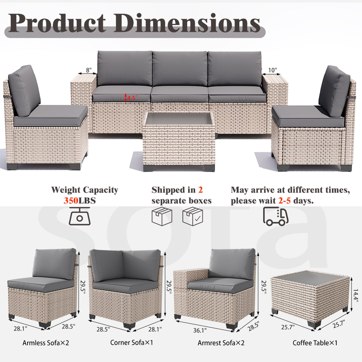 Aukreolis 6 Pieces Patio Furniture Set, Outdoor Sectional Wicker Sofa with Thickened Cushions and Coffee Table, High Back Rattan Patio Conversation Sets for Garden Backyard, Grey Aukreolis