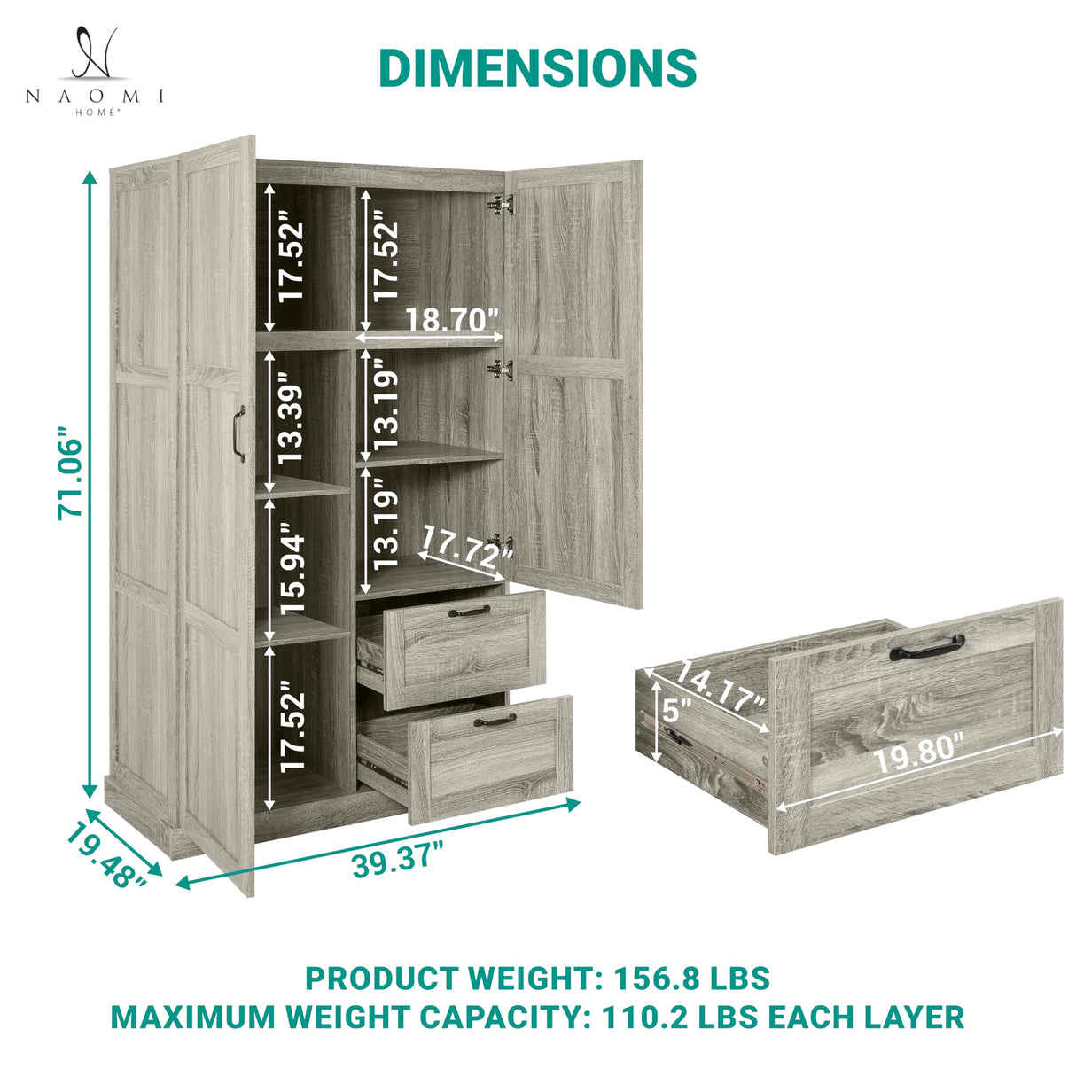 Naomi Home Grey Oak Storage Cabinet with 2 Barn Doors, 2 Drawers & Adjustable Shelves – Modern Wardrobe Closet Armoire for Bedroom, Entryway & Utility Room Naomi Home