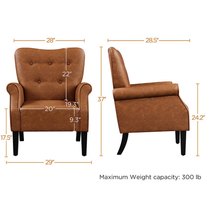 Yaheetech Modern Armchair, Mid Century PU Leather Accent chair with Sturdy Wood Legs and High Back for Small Space, Upholstered Sofa Club Chair for Living Room/Bedroom/Office, Retro Brown - WoodArtSupply