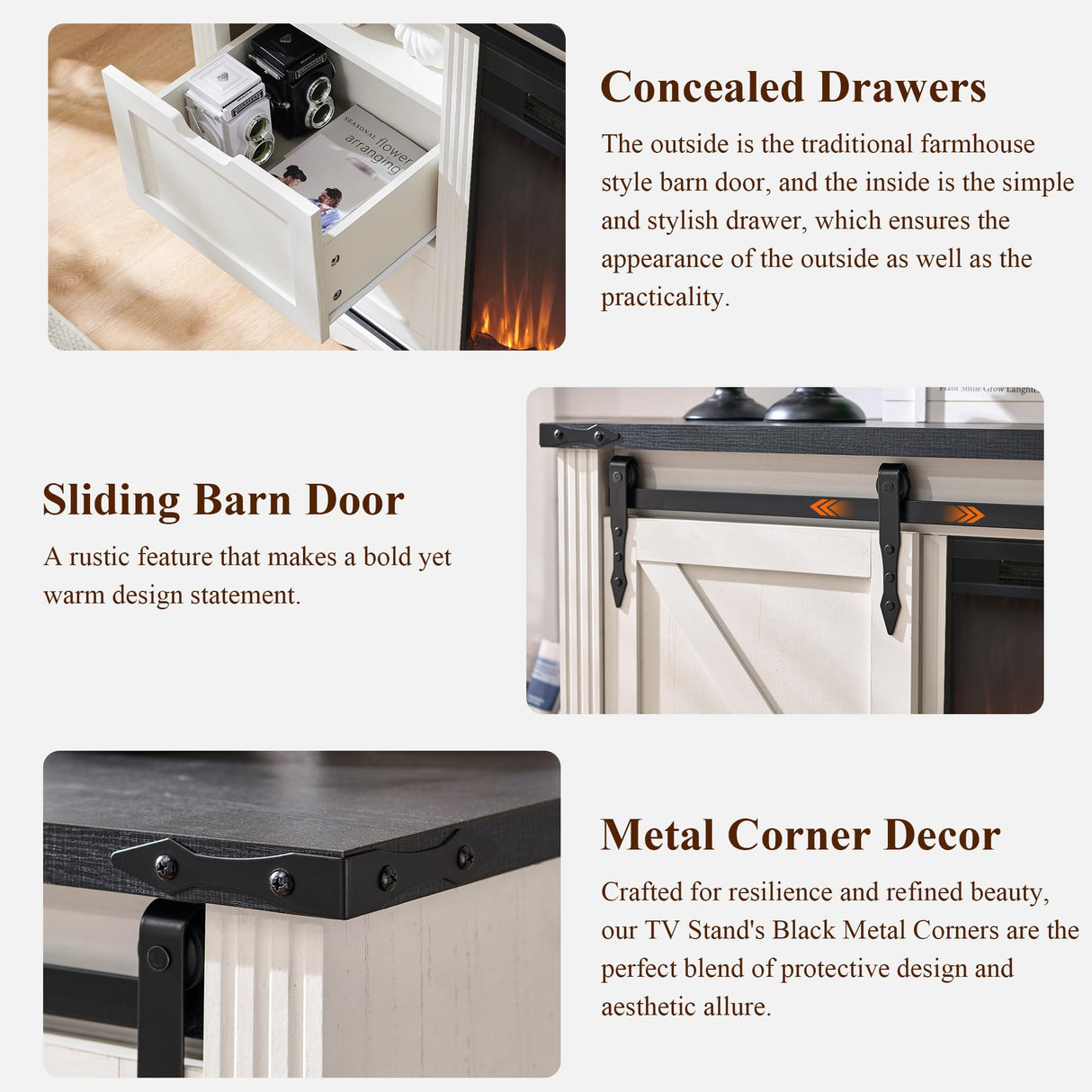 JXQTLINGMU Farmhouse Fireplace TV Stand for 80 Inch TV, 32" Tall Entertainment Center w/Drawer & Sliding Barn Door, 70 Inch Highboy Media Console for Living Room, Off White JXQTLINGMU