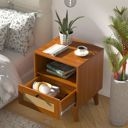 Ryvorbe Modern Rattan Nightstand Wood Side Table with Natural Rattan Drawer- Boho Nightstand with Solid Wood Legs for Bedroom, Living Room and Small Spaces - WoodArtSupply