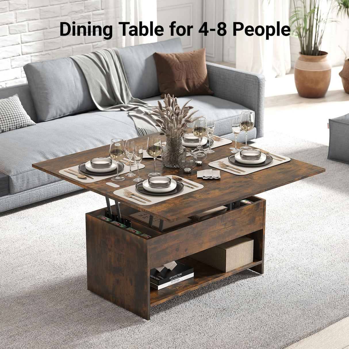 Manora 40'' Farmhouse Multi-Functional Lift-Top Coffee Table with Hidden Storage & Open Shelf, 4-in-1 Convertible Center Table for Living Room, Small Spaces, Dining or Home Office Workstation (Brown) Manora