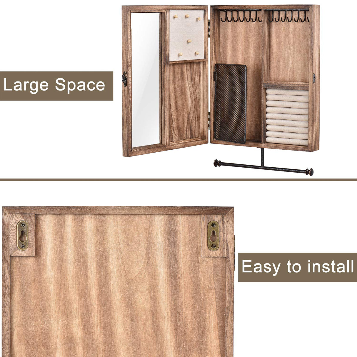 Keebofly Wall Mounted Jewelry Organizer Box Rustic Wood Large Space Jewelry Cabinet Holder Jewelry Storage Box for Necklaces, Earrings, Bracelets, Ring Holder, and Accessories (Carbonized Black) Keebofly