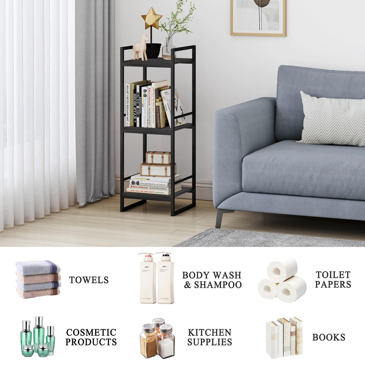 BYFU 3 Tier Bathroom Shelving Unit, Narrow Open Floor Shelves, Metal Corner Storage Rack for Bathroom Laundry Room Kitchen Living Room, Black BYFU