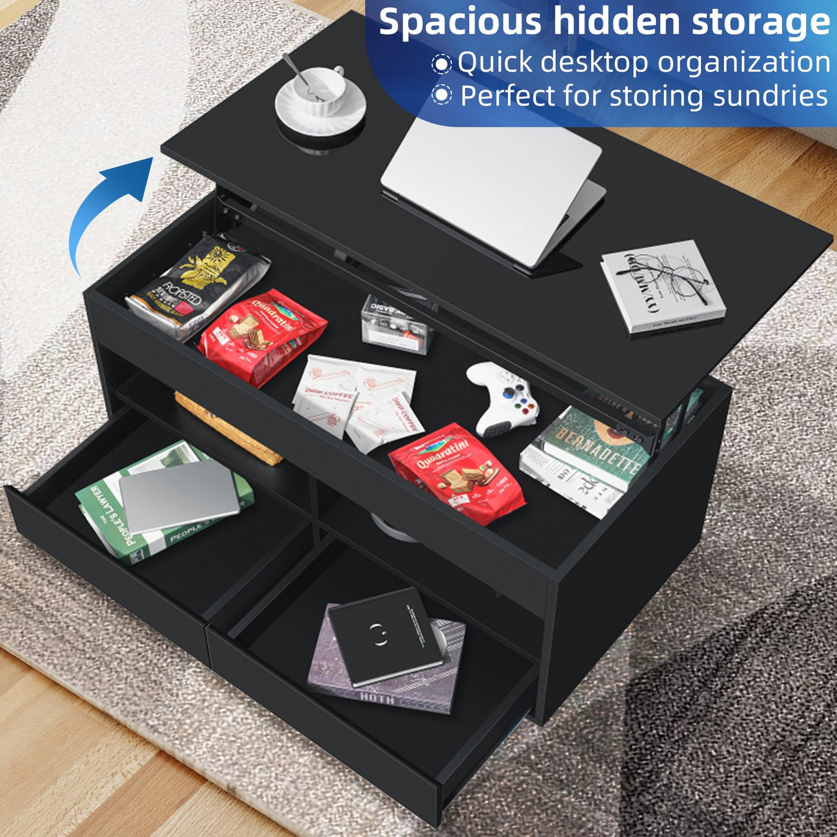 LED Coffee Table for Living Room Lift Top Coffee Tables with Storage Morden High Gloss 4 Tiers Black Tea Table Center Tables Sofa Hidden Compartment & 2 Open Shelve & 2 Drawers HOMMPA