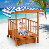 INFANS 3 in 1 Kids Sandbox with Canopy and Cover Rear Wheels Guardrails, Wooden Cedar Cabana Sandbox Playhouse for Outdoor Beach Backyard Lawn Garden Play Home Children Playset Sandpit INFANS