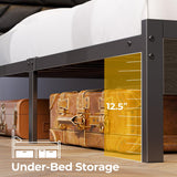 Seventable Bed Frame Queen Size with Charging Station, LED Bed with Upholstered Storage Headboard, Metal Platform Bed with Under Bed Storage, No Box Spring Needed, Noise Free, Easy Assembly, Black Seventable