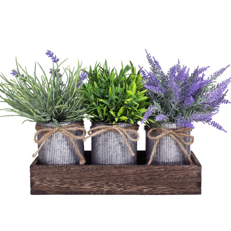 Set of 3 Small Potted Plants Arrangement Artificial Lavender and Grass Plants in Rustic Galvanized Metal Pots with Decorative Wood Tray for Farmhouse Table Centerpiece Windowsill Indoor Greenery Decor Winlyn