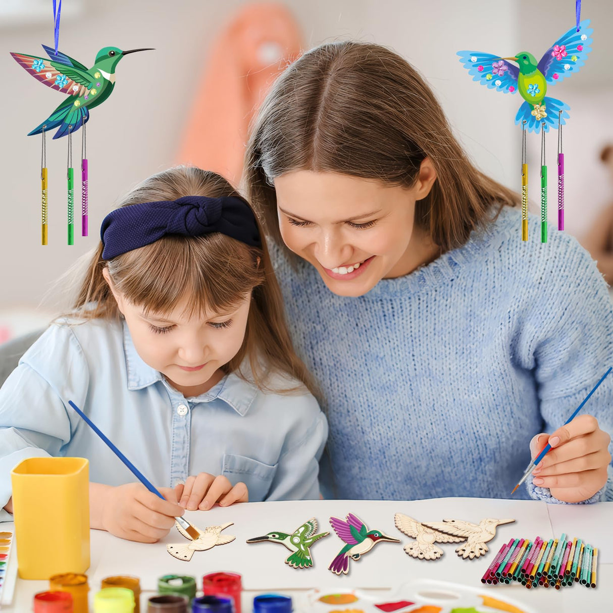 Fennoral 27 Pack Hummingbird Wind Chime Craft Kit for Kids Make Your Own Hummingbird Craft Wooden Ornaments for Girls and Boys DIY Crafts Activity Birthday Spring Summer Decoration Fennoral