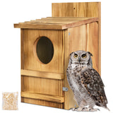 Screech Owl House, Owl Bird Box Large Handmade Wooden Circular Opening Screech Box for Outside with Mounting Screws and A Bag of Wood Shavings, Easy Assembly Required (Brown, 9" x 14.5") MOBYKE