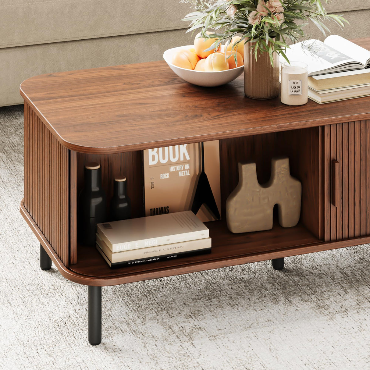 Coffee Table with Storage, 47.2" Mid Century Modern Coffee Tables for Living Room, Rectangle Wood Center Table with Sliding Tambour Door & Adjustable Leg for Living Room, Walnut ONBRILL
