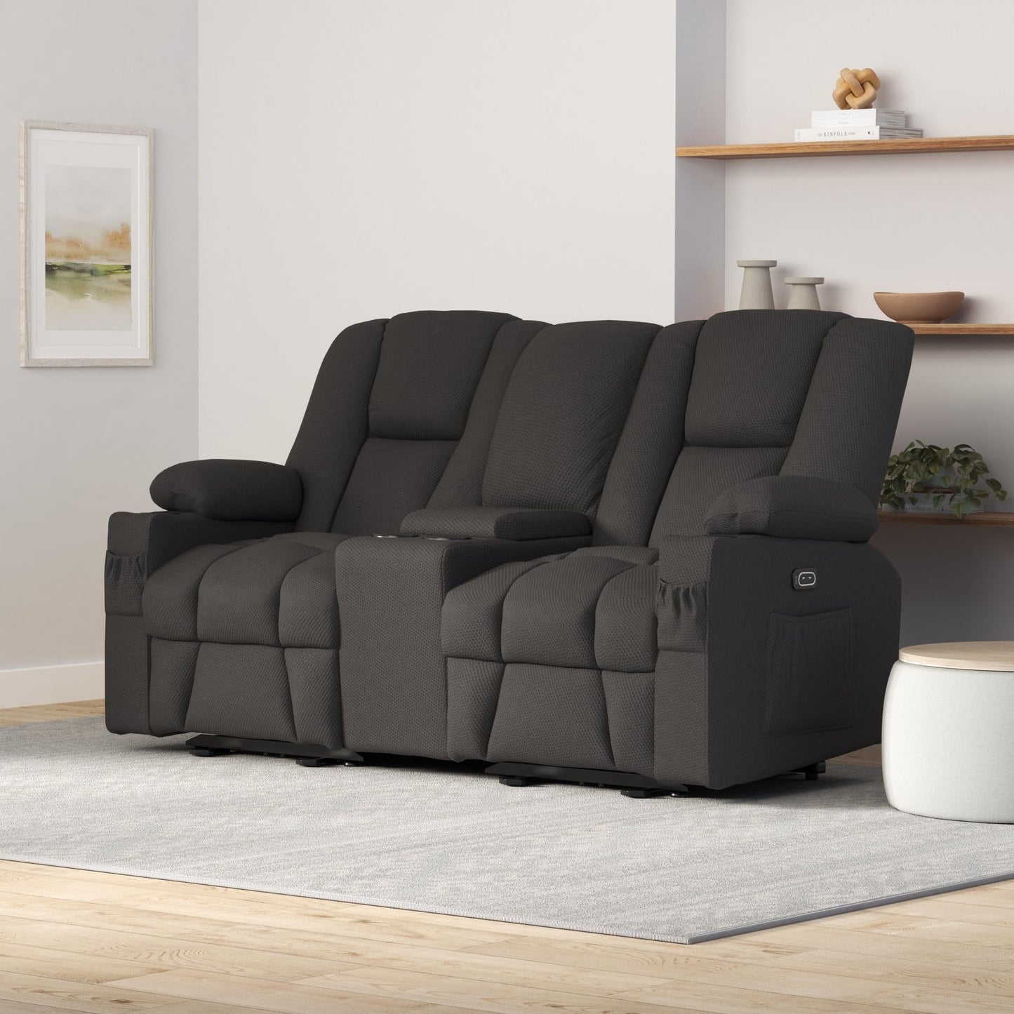 MCombo Fabric Power Loveseat Recliner with Console, Electric Reclining Loveseat Sofa with Heat and Massage, Cup Holders, USB Charge Port for Living Room 6045 (Grey)