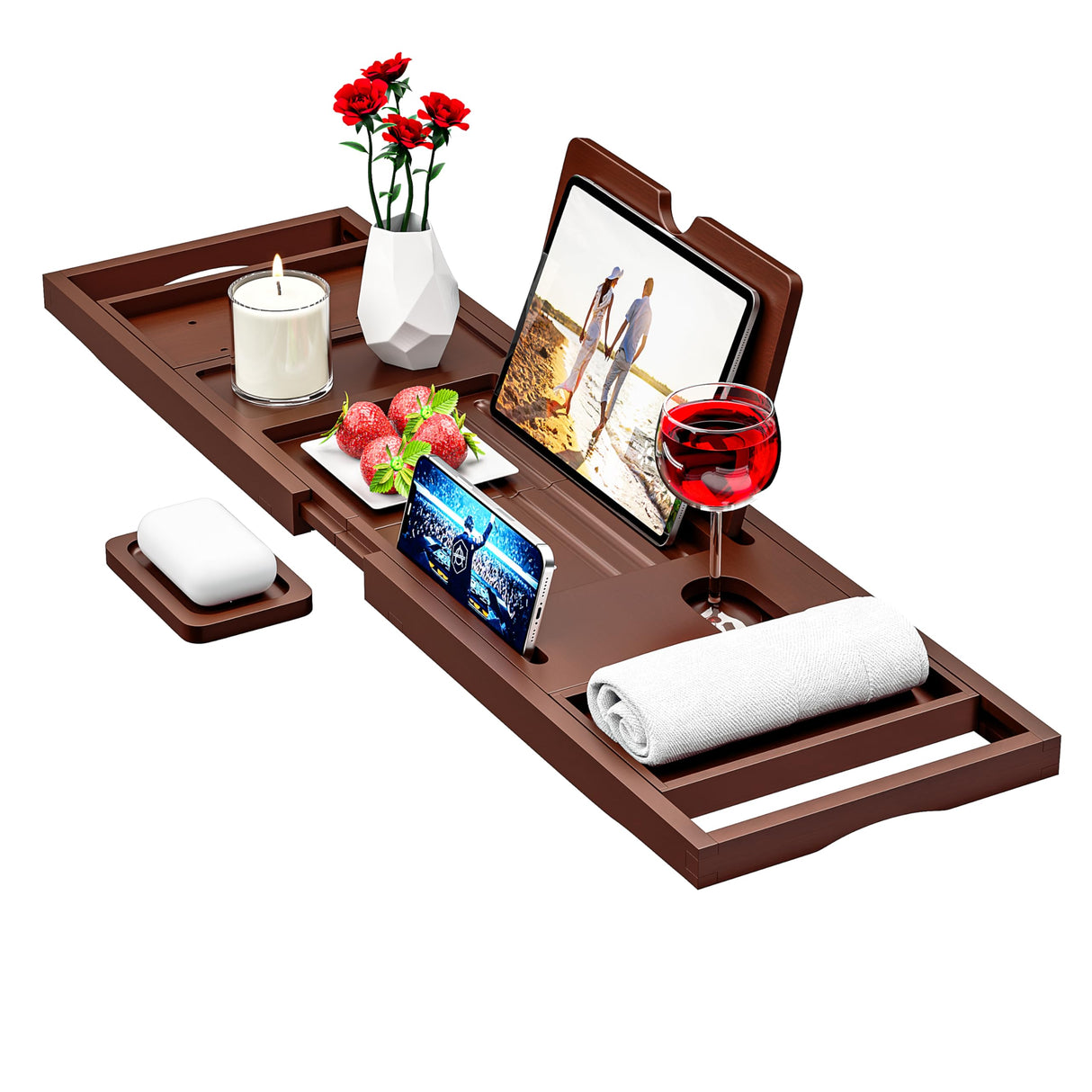 Premium Bamboo Bathtub Caddy Tray - Bath Tray - Bath Tub Tray Table for Bathtub - Expandable Size, Fits Most Bath Tubs - Brown Banlilu