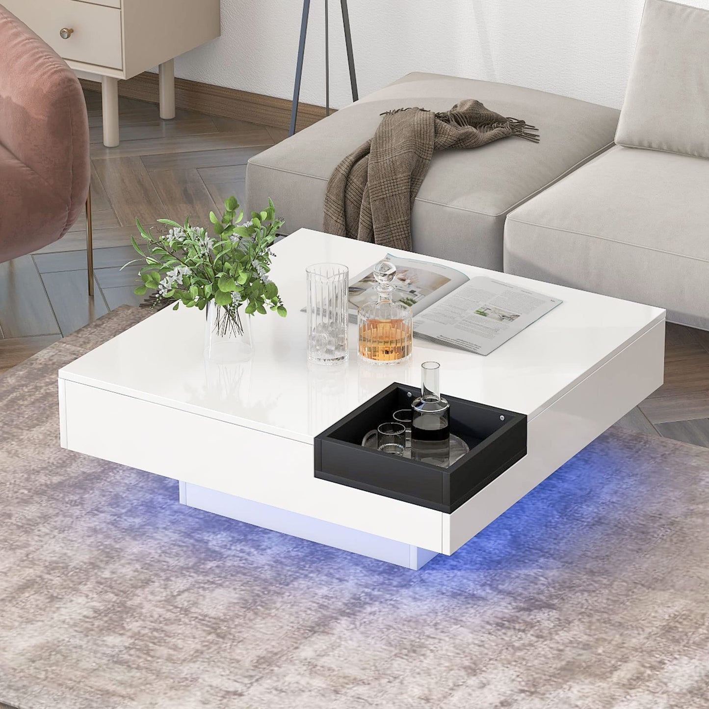 LUMISOL White Coffee Table with LED Lighting, 31.5 in Modern Square Storage Table with Detachable Tray and Plug-in 16-color LED Strip Lights Remote Control, for Living Room - WoodArtSupply