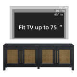 JYED Mid Century Modern TV Stand for TVs up to 75", with Gold Hollow Metal Mesh Decorated, Boho TV Console with Storage Cabinets, Black TV Stand for Living Room, 69.5"x15.6"x24.8" JYED DECOR
