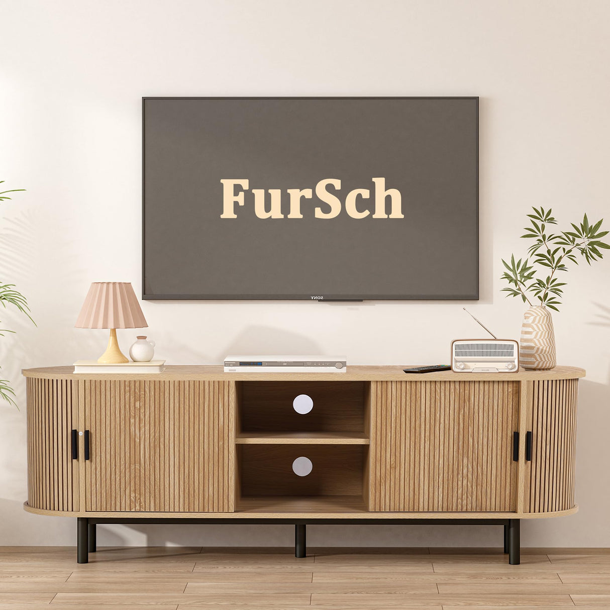 FurSch 62" Tambour Door TV Stand,Wood Mid Century Modern TV Cabinet for Up to 65“ TV,Curved Edge Long TV Stand with Storage for Bedroom Living Room (Natural, 62.2inch) FurSch