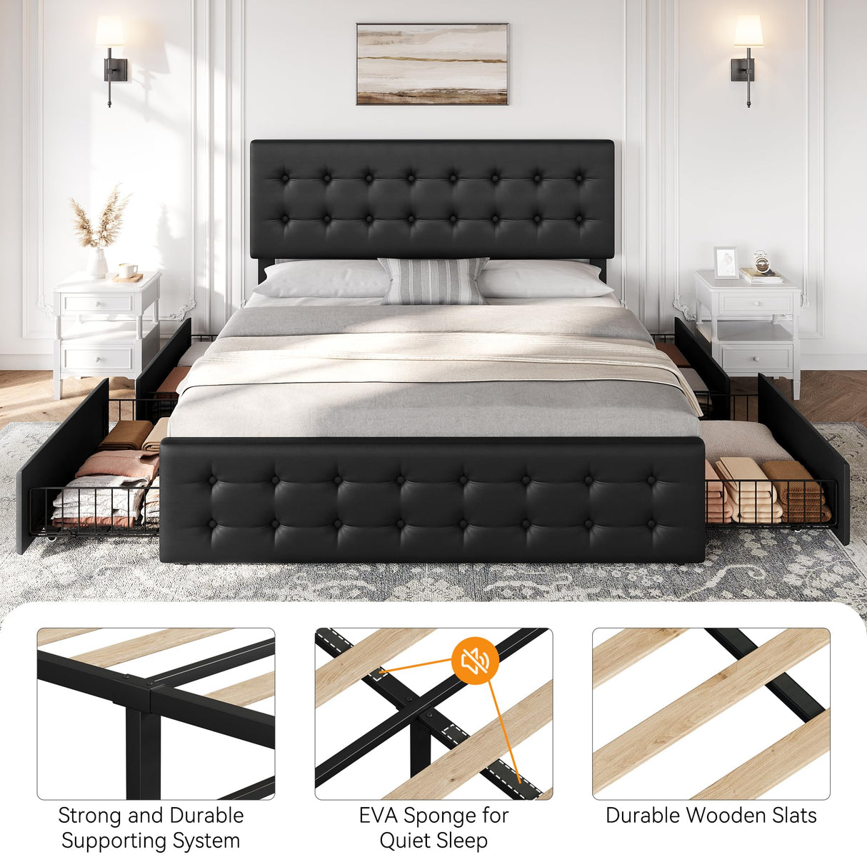 GarveeHome King Size Bed Frame with 4 Storage Drawers and Faux Leather Upholstered Headboard, Wooden Slats Support, Button Tufted Design, No Box Spring Needed, Black GarveeHome