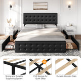 GarveeHome King Size Bed Frame with 4 Storage Drawers and Faux Leather Upholstered Headboard, Wooden Slats Support, Button Tufted Design, No Box Spring Needed, Black GarveeHome