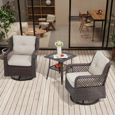 Suvivityse 3 Pieces Outdoor Swivel Chair, Wicker Patio Bistro Set with Rocking Chair, Side Table for Garden Porch Backyard(Beige)