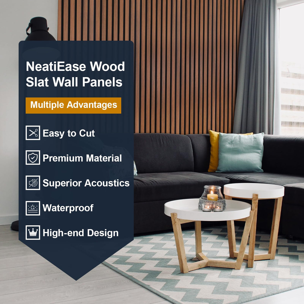 NeatiEase Wood Panels for Wall, 4-Piece 96" x 12.6" Soundproof Wood Slat Wall Panel for Interior Wall Decor Noise Cancelling, Acoustic Wall Panels, Sound Absorbing Panel (Teak) NeatiEase