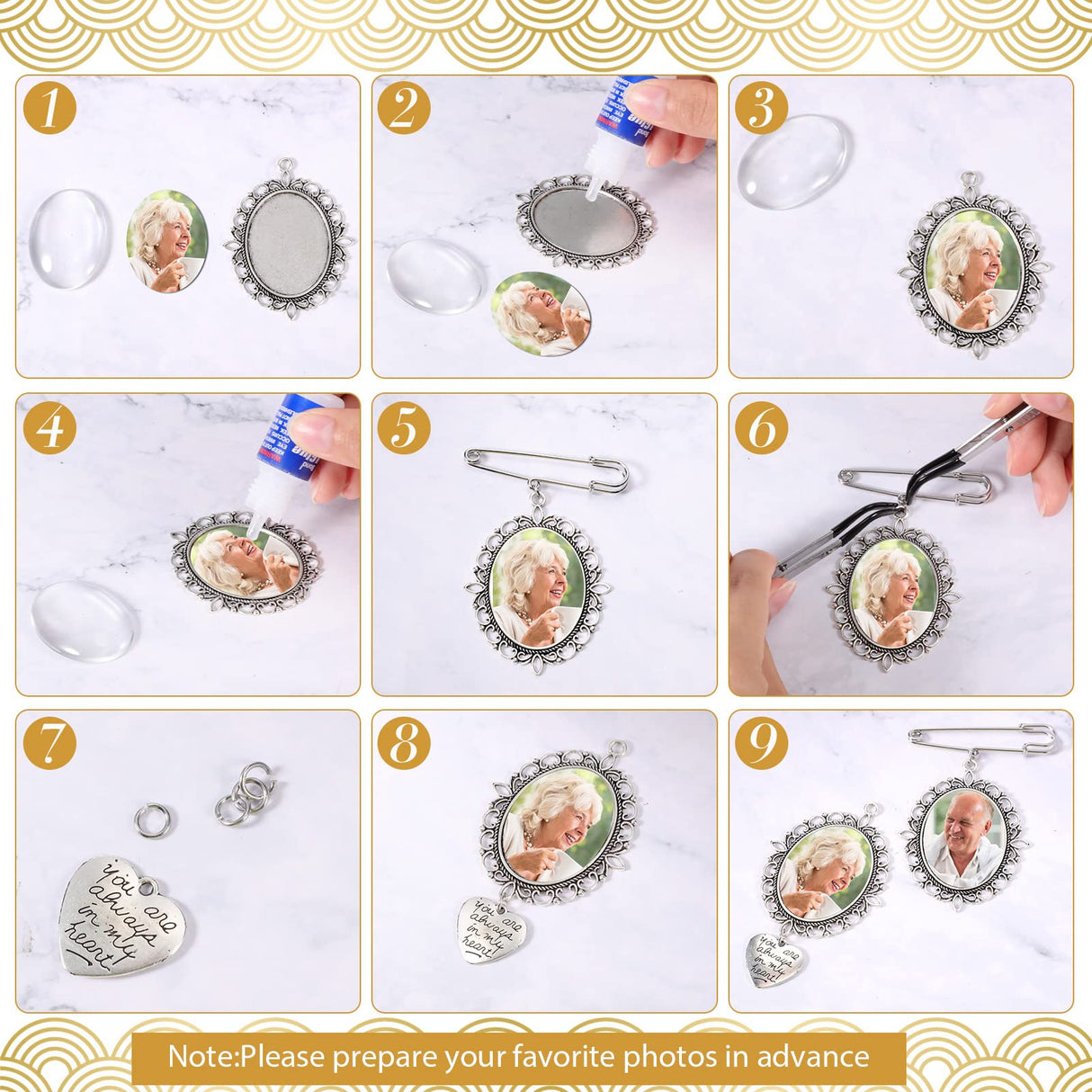 110 Pieces Wedding Bouquet Photo Charms Memory Charms Oval Frame Memorial Picture Charm DIY Pin Brooch with 1.18 x 1.57 Inch Oval Glass Cabochon Pendants Bulk for Wedding Party Bridal Shower Hicarer