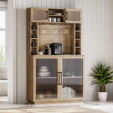 BELLEZE Coffee Wine Bar Cabinet with Power Outlet, 72" Rustic Liquor Cabinet, Tall Fluted Buffet Cabinet with Storage Kitchen Pantry Cupboard Wine& Glasses Rack Server with Hutch for Home Dining Room, BELLEZE