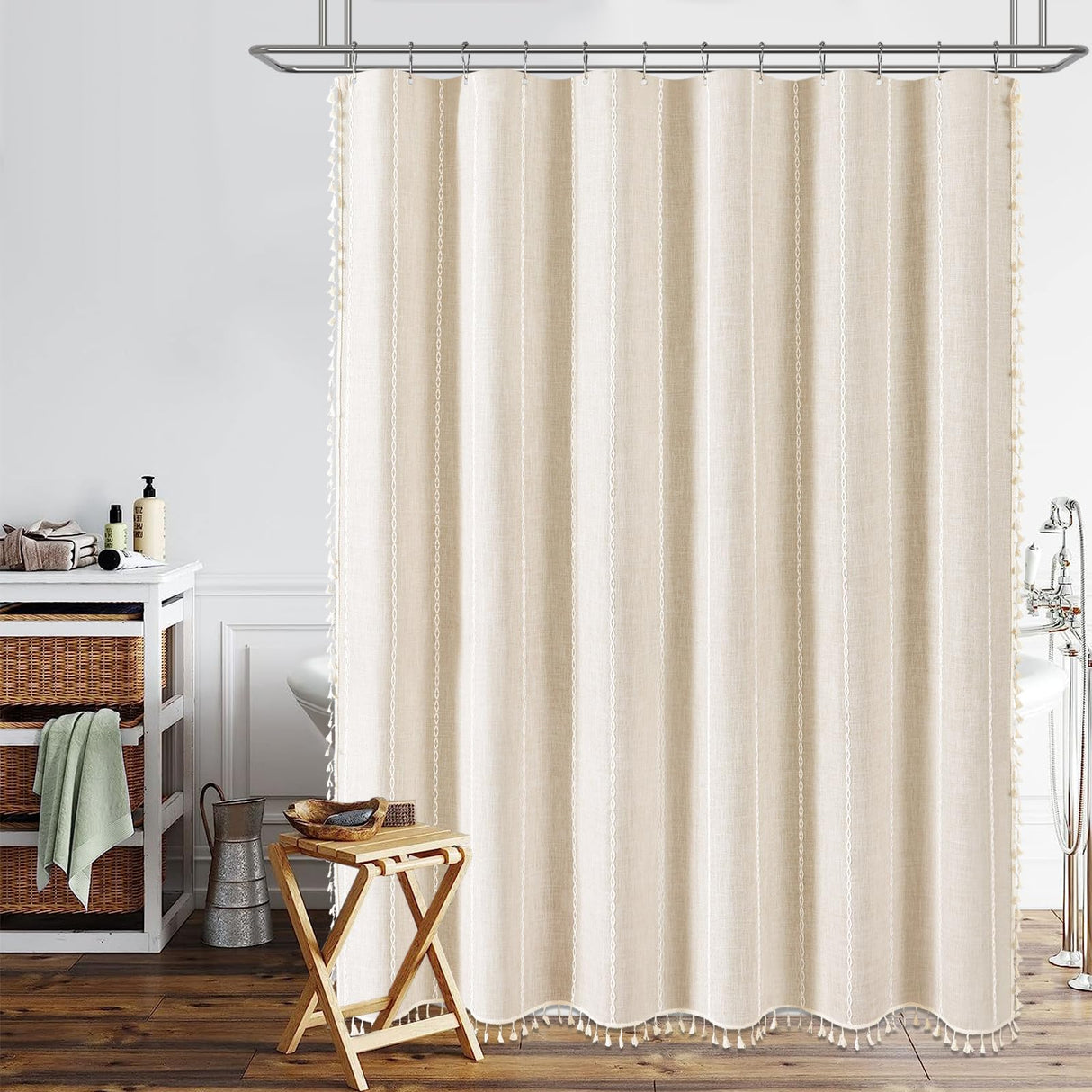 BTTN Boho Farmhouse Shower Curtain, Linen Rustic Weighted Striped Cloth Shower Curtain Set with Tassel, Water Repellent, Bohemian Vintage Country Fabric Shower Curtain for Bathroom, Cream/Beige, 72x72 BTTN