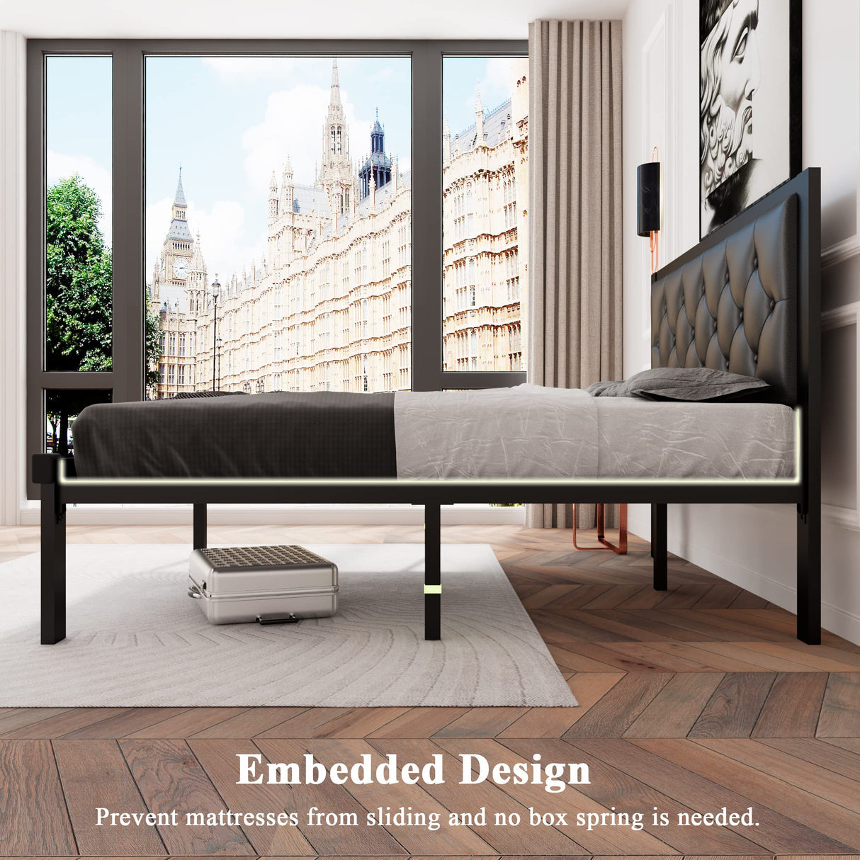 Feonase Full Size Metal Bed Frame with Faux Leather Button Tufted Headboard, Heavy-Duty Platform Bed Frame with 12" Storage, Steel Slats Support, No Box Spring Needed, Noise Free, Black Feonase