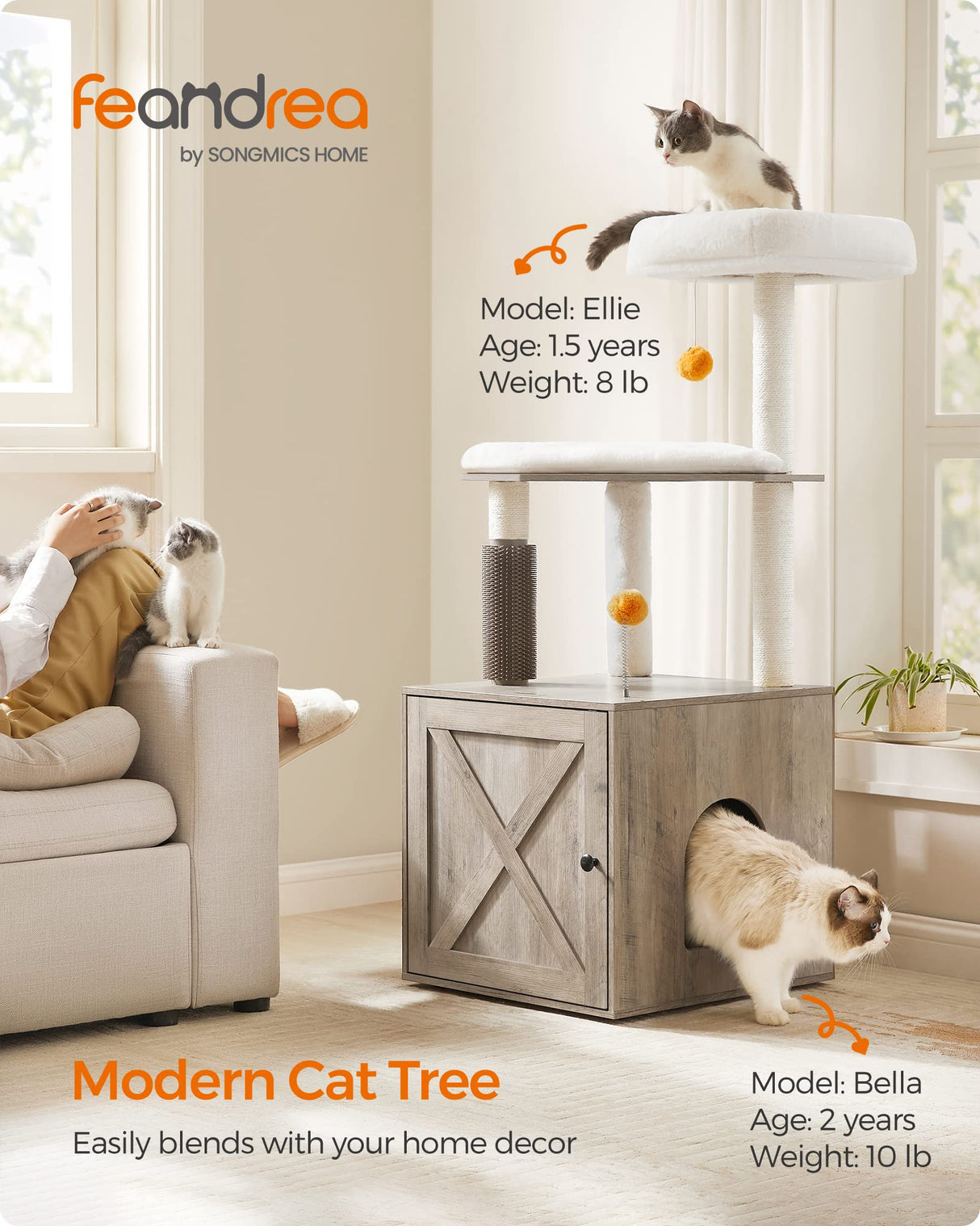 Feandrea Cat Tree with Litter Box Enclosure, 2-in-1 Modern Cat Tower, 52.8-Inch Cat Condo with Self Groomer, Scratching Posts, Washable Cushions, Greige UPCT115G01 Feandrea