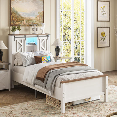 Fameill Farmhouse Twin Size Bed Frame with Storage Headboard, Sliding Barn Door Design, 2-Tier Shelves Bookcase Storage, Charging Ports & USB Outlets, LED Light, No Box Spring Needed, Easy Assembly