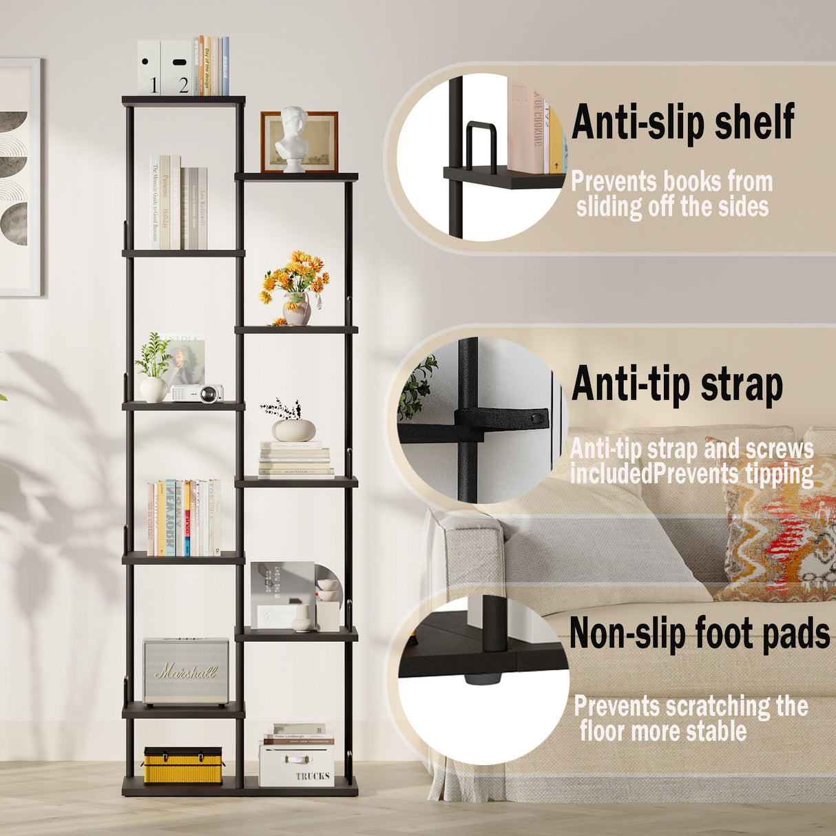 10 Tier Tree Bookshelf Tower Metal Spine Bookcase Industrial Bookshelves Tall Narrow Books Organizer Floor Standing Ladder Book shelf for Living Study Room Office Bedroom Corner Display black HBC506B IRCPEN