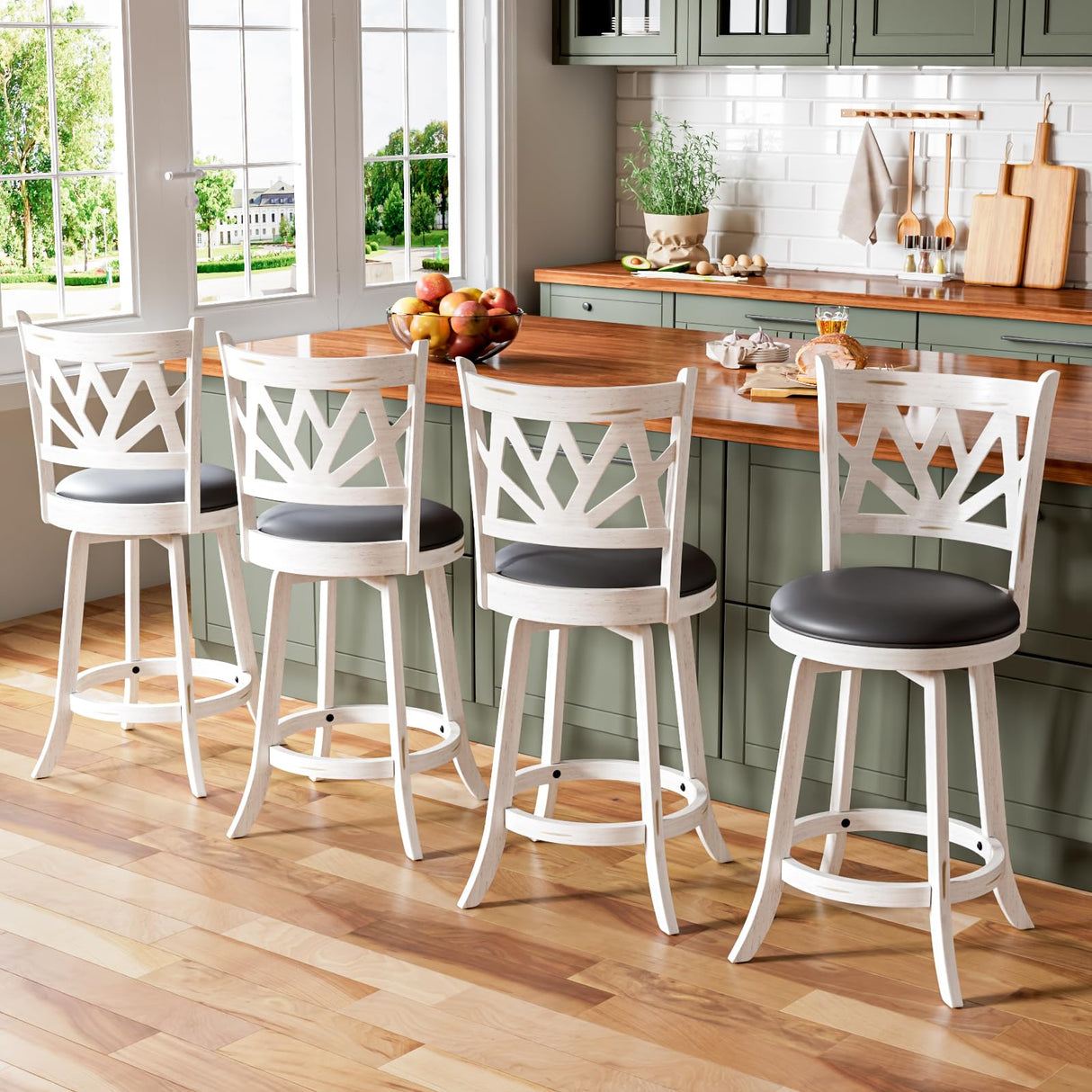 Buytime Swivel Barstools Set of 4, Farmhouse 24" Counter Height Bar Stools with Backs, Lotus Pattern Carved Bar Chair with Solid Wood Legs & Footrest for Kitchen Island, Home Bar, Pub. Antique White Buytime