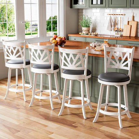 Buytime Swivel Barstools Set of 4, Farmhouse 24" Counter Height Bar Stools with Backs, Lotus Pattern Carved Bar Chair with Solid Wood Legs & Footrest for Kitchen Island, Home Bar, Pub. Antique White Buytime