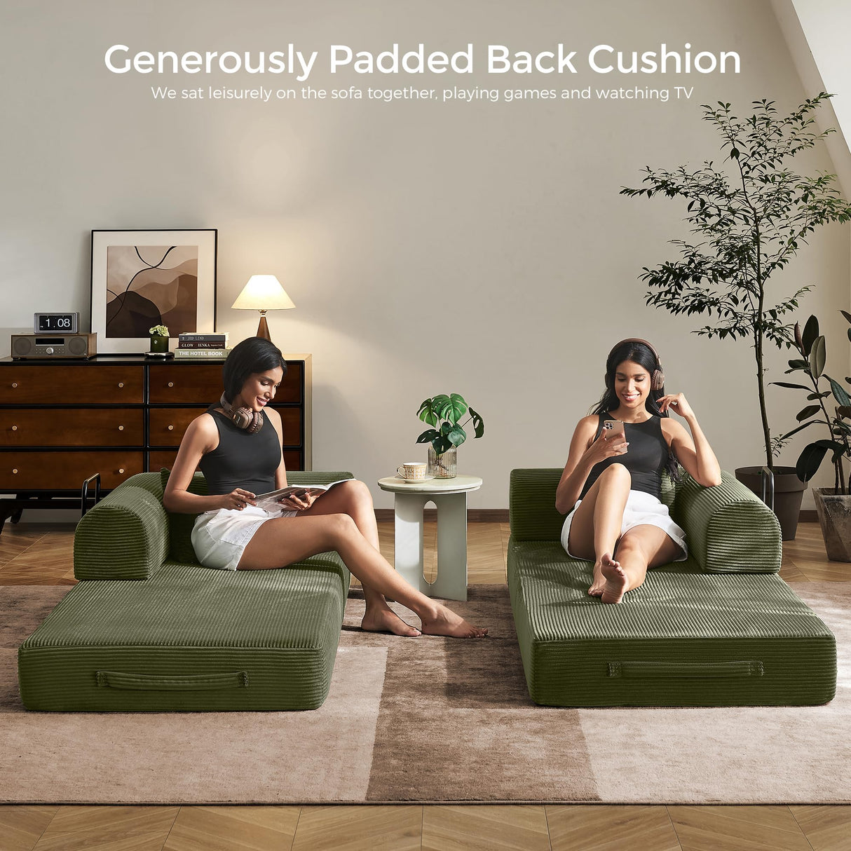 79" Convertible Sofa Bed with Fixed-Shape Frame & Removable Armrests, Modular Corduroy Sleeper Sofa, Folding Mattress Couch for Small Spaces - No Assembly Needed in Light Green (Includes 2 Pillows) SAVENICA