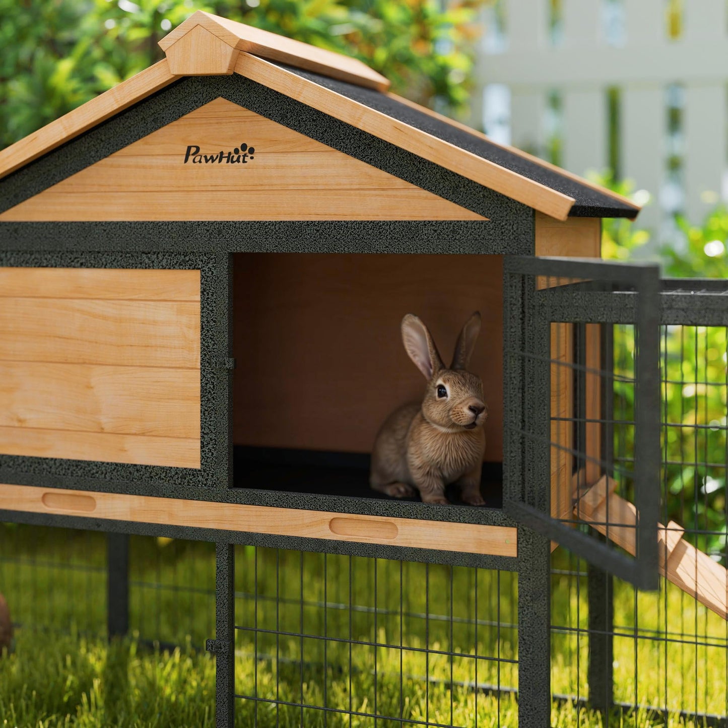 PawHut Rabbit Hutch Outdoor, 85" Large Wooden Bunny Cage with Steel Run, Removable No Leakage Tray, Waterproof Roof, Ramp, Metal Frame Guinea Pig Cage for 2-3 Small Animals Backyard Garden