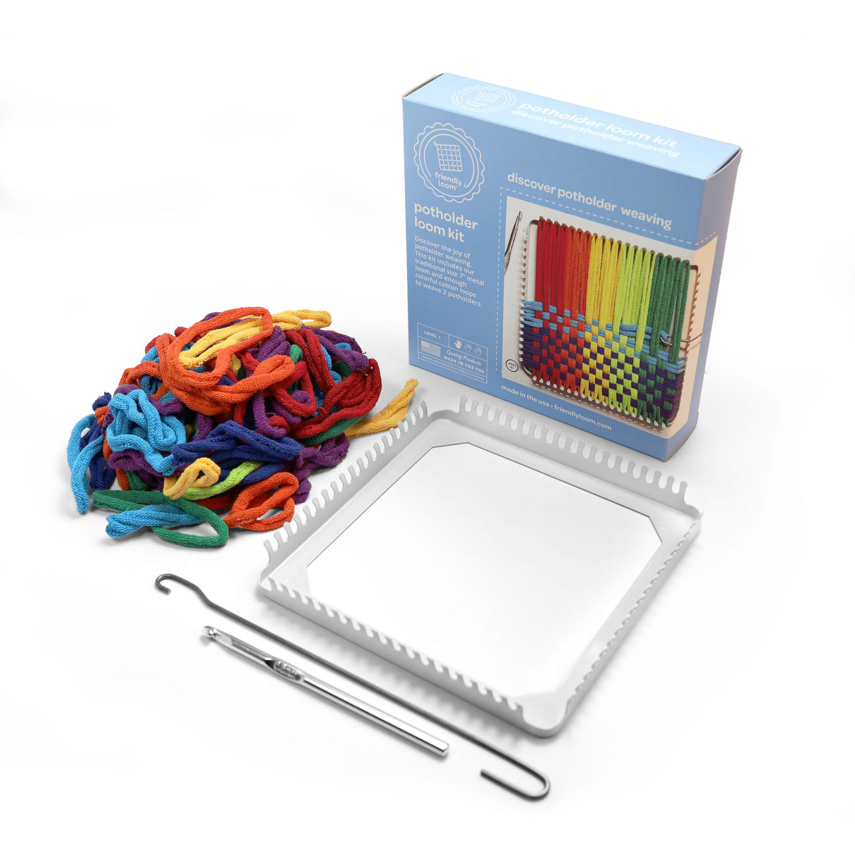 Friendly Loom 7” Traditional Potholder Weaving Kit | Sturdy Metal Loom and Quality Cotton Weaving Loops in Rainbow Colors | Complete Kit to Weave 2 Functional Potholders | Made in the USA Harrisville Designs