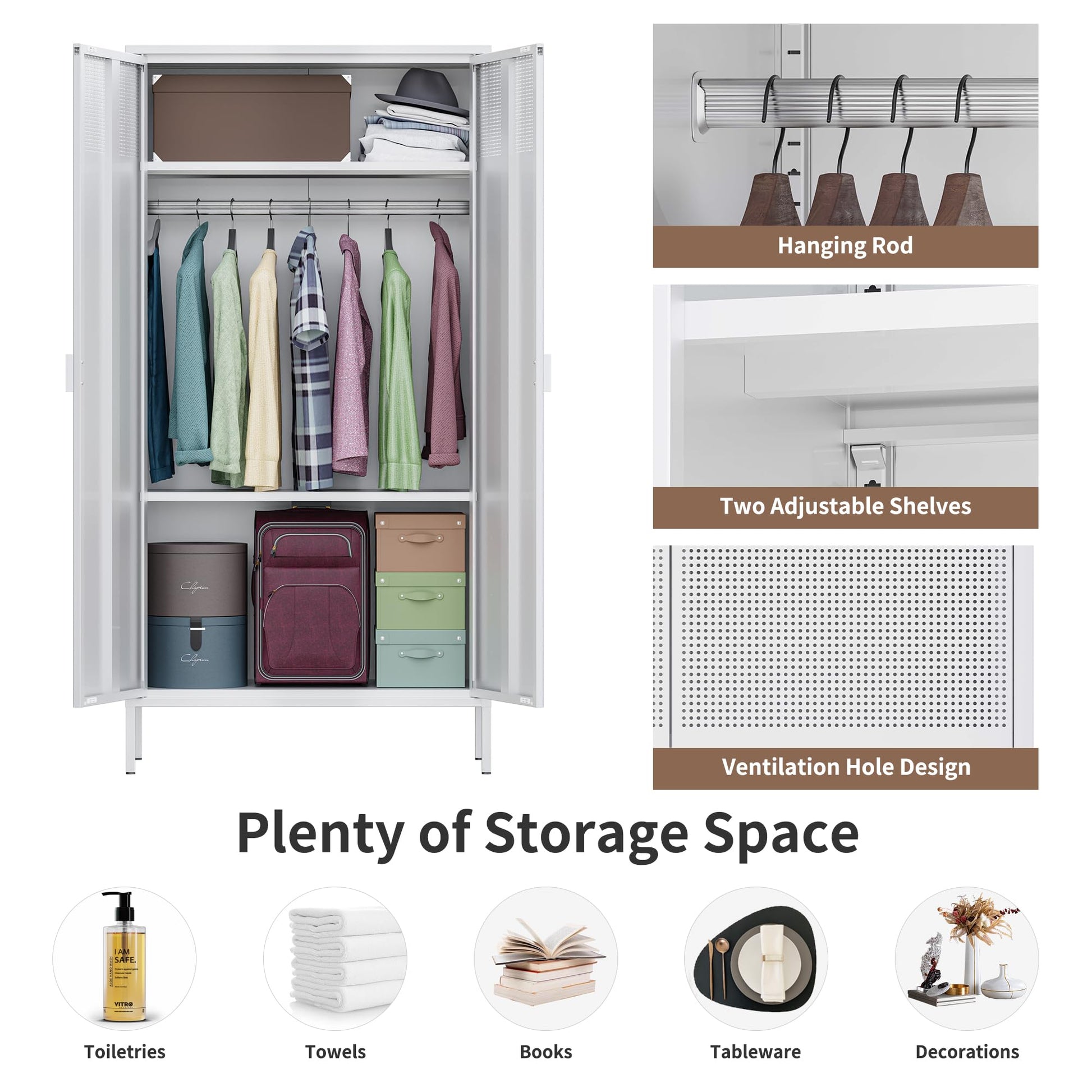 Washsemba Metal Storage Cabinets Locker with Hanging Rod and Adjustable Shelves, 71'' Clothing Steel Storage Wardrobe for Home & Office, School, Employee,Gym(White) - WoodArtSupply