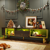 Bestier 70 Inch TV Stand with LED Lights for 75 Inch TV, Entertainment Center with Open Storage and Half-Glass Design Drawer, Modern High Gloss TV Console Table for Living Room, Black and Gold Bestier