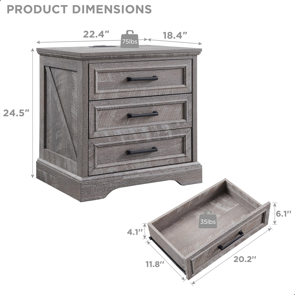 ACCOHOHO Farmhouse Nightstand with Charging Station, 22 Inch Wide End Table with 3 Large Drawers & Bar Handles, Rustic Wood Small Dresser Chest of Drawers for Bedroom, Living Room, Closet, Grey ACCOHOHO