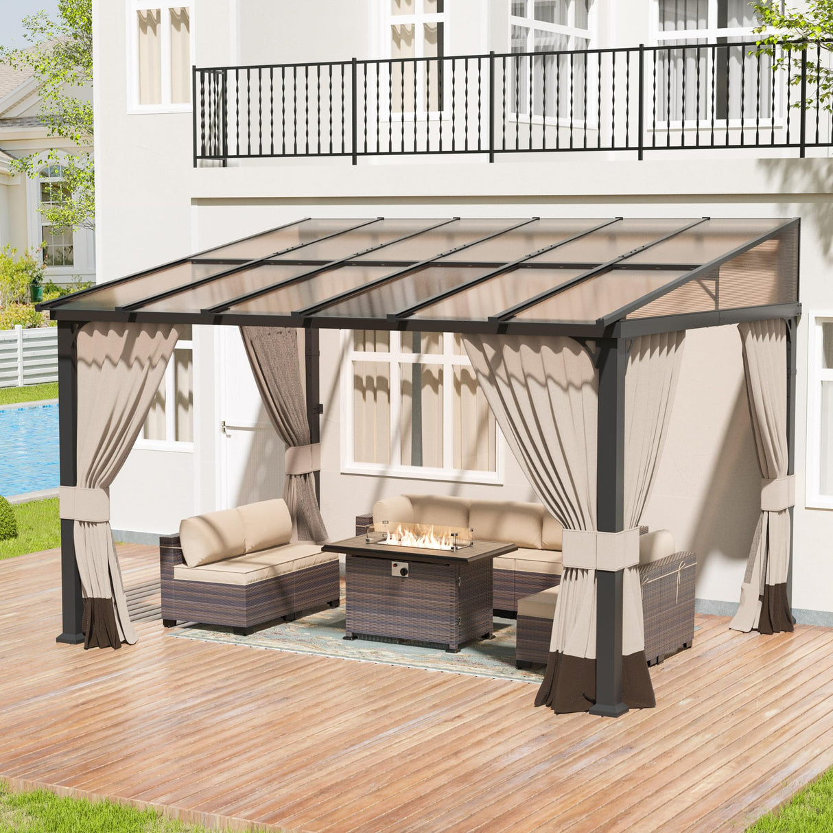 Halmuz 10x14ft Large Lean to Gazebo with Curtains & Netting,Wall Mounted Gazebo with Hard Top & Double Curtains,Metal Frame Garden Tent Suitable for Patio,Yards, Deck,Lawn, Garden,Grass-sand Halmuz