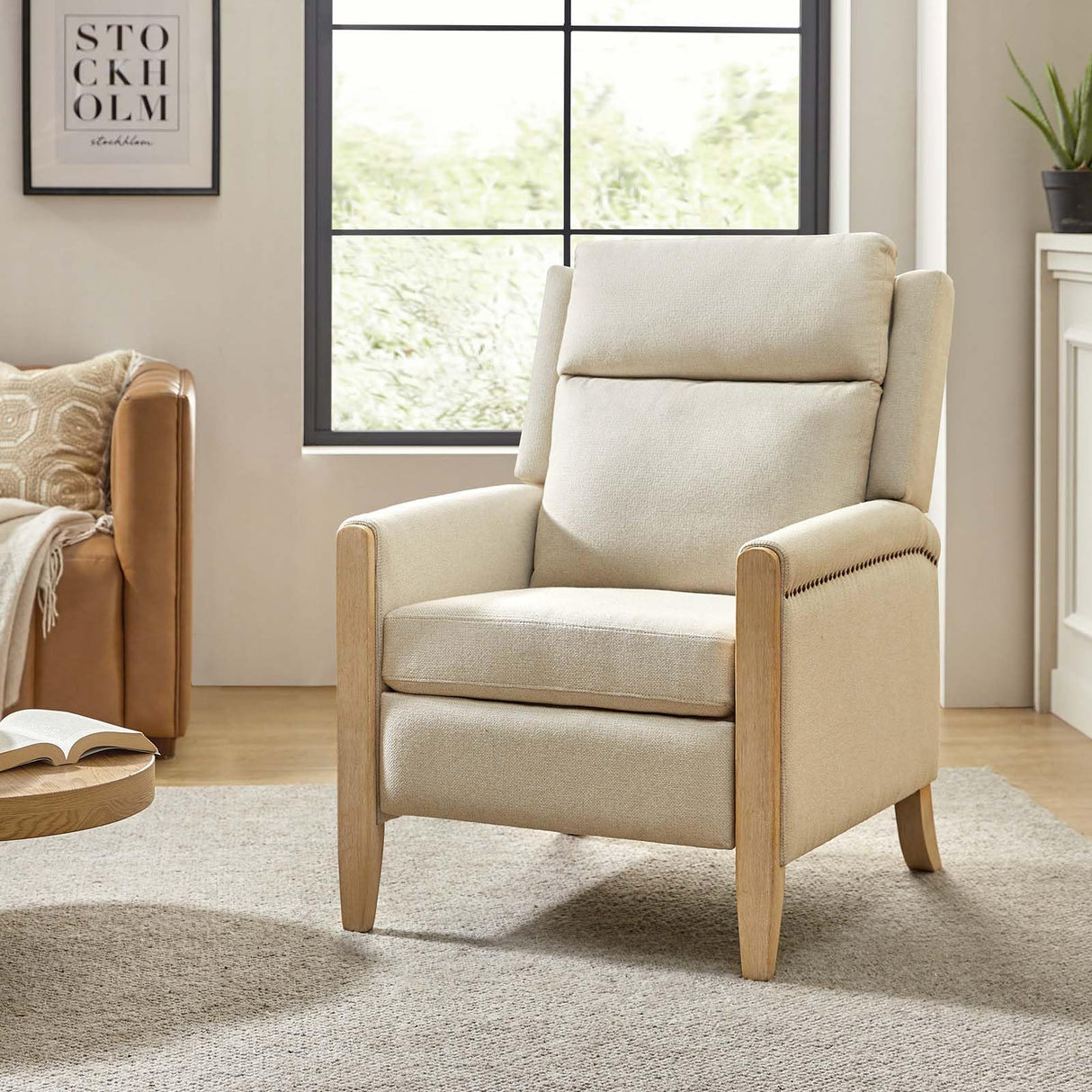 HULALA HOME Fabric Recliner Chair for Living Room, Adjustable Push Back Arm Chair with Rivet Decoration, Home Theater Seating w/Rivet Decoration, Reclining Sofa Chair,Beige HULALA HOME