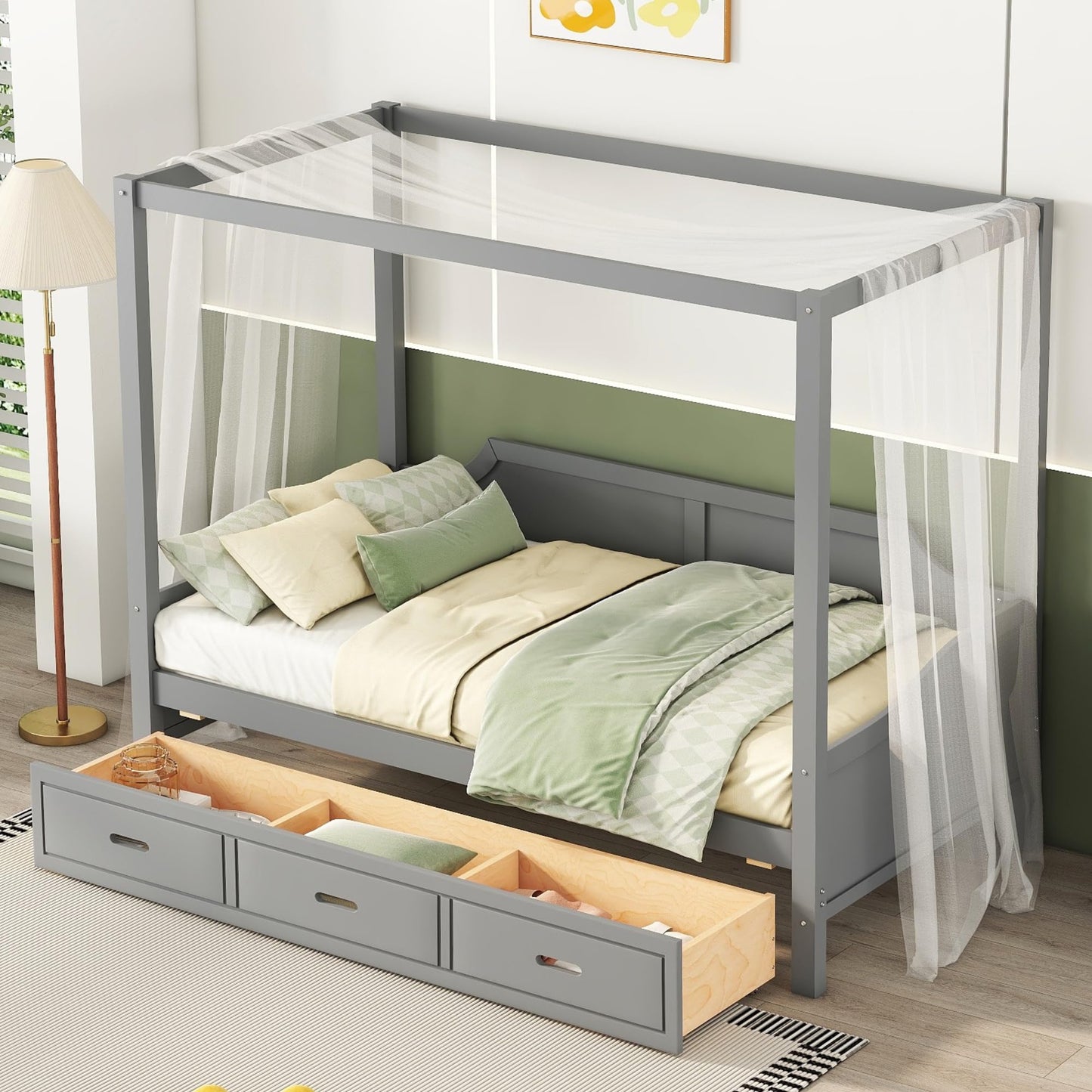 Twin Size Canopy Bed Frame with 3 Storage Drawers,Wood Canopy Bed Frame,4-Post Canopy Bed Twin Size for Kids,Teens,Adults,Gray