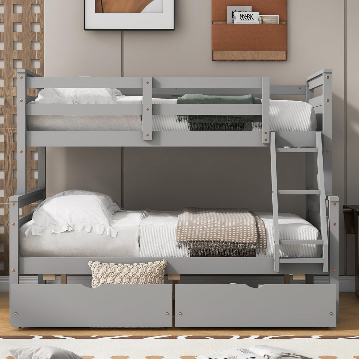 Merax Twin Over Full Bunk Bed with 2 Storage Drawers,Solid Wood Bunk Bed with Ladder and Safety Guardrail for Bedroom Kids Adults,Can be Separated into 2 Platform Beds,Gray Merax