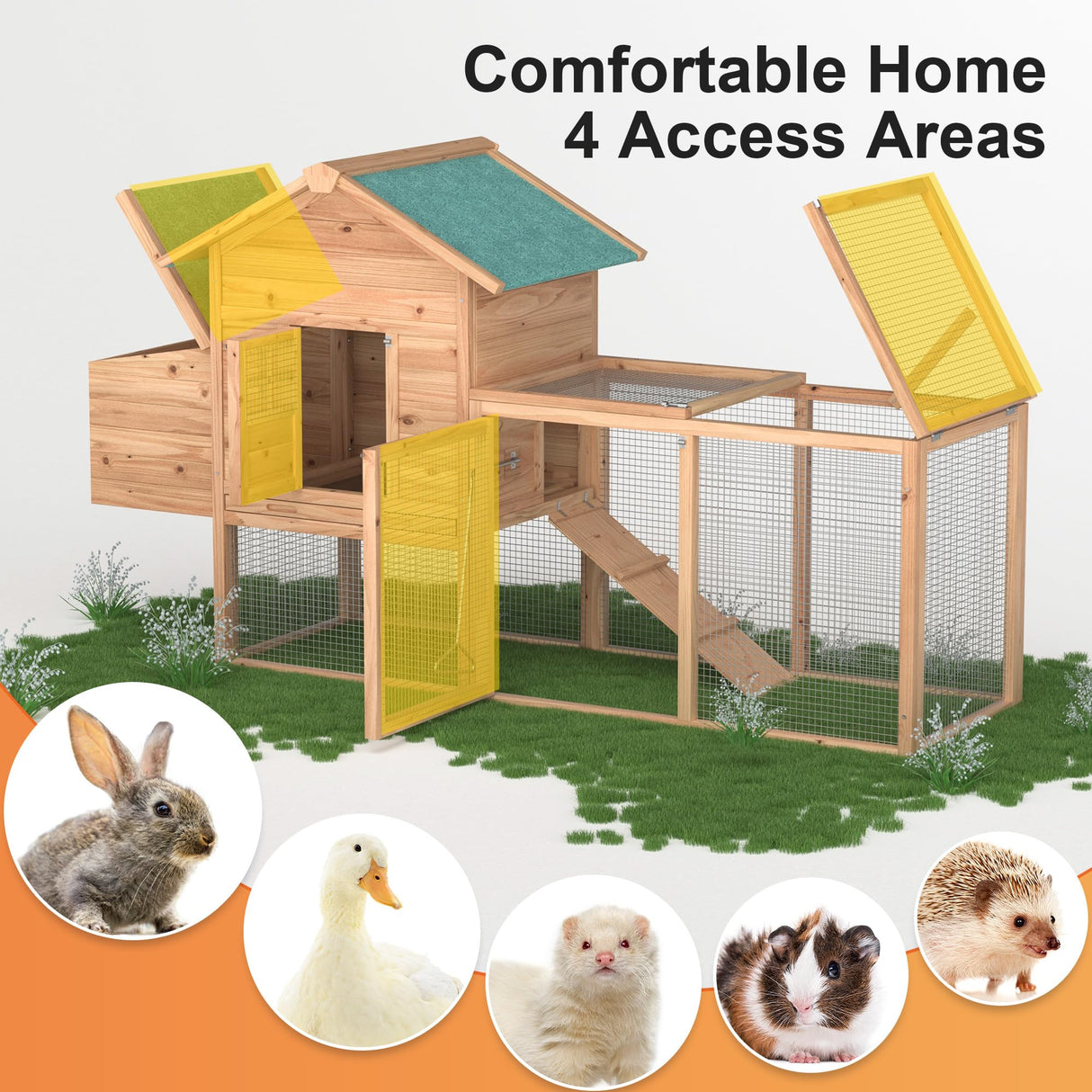 Outdoor Chicken Coop for 2-4 Chickens Wooden Hen House Poultry Pet Hutch Run Cage w/Waterproof Asphalt Roof, Ramp, Nesting Box, Wire Fence (80") GOJOOASIS